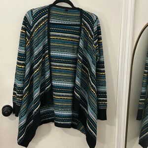 Pronto USA Women’s Boho Open Front Cardigan Sweater Striped Blue Teal Yellow M/L
